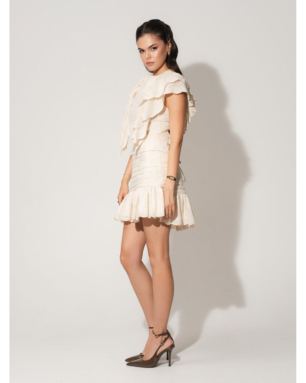 Tia Dorraine Natural Neutrals Ruffled Open Back Top & Ruched Mini Skirt Set