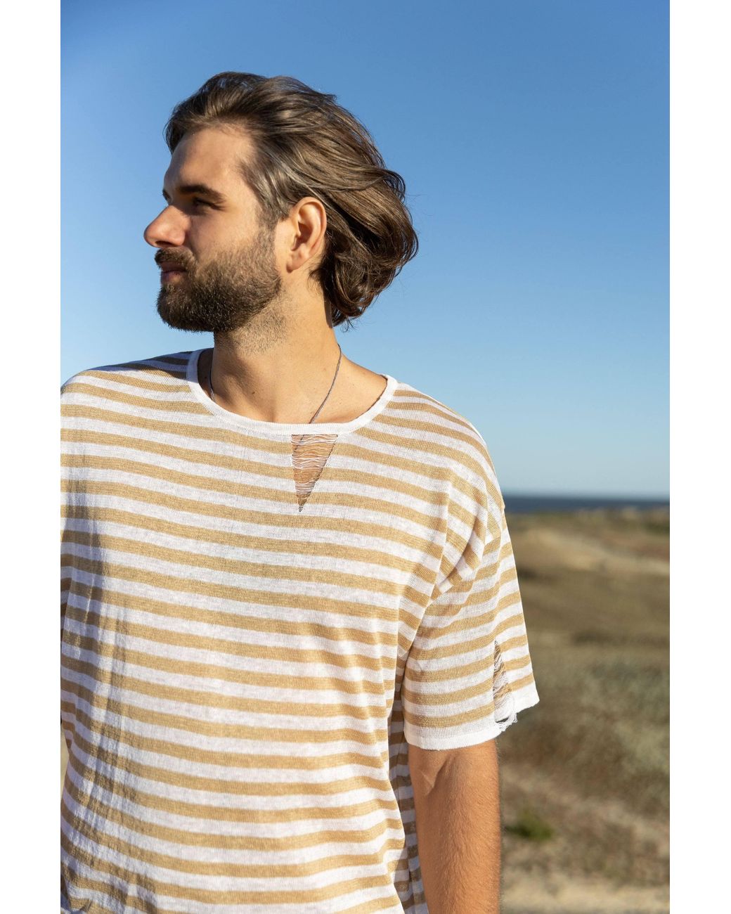 SALANIDA White Energia Ripped Linen T-Shirt Caramel Striped