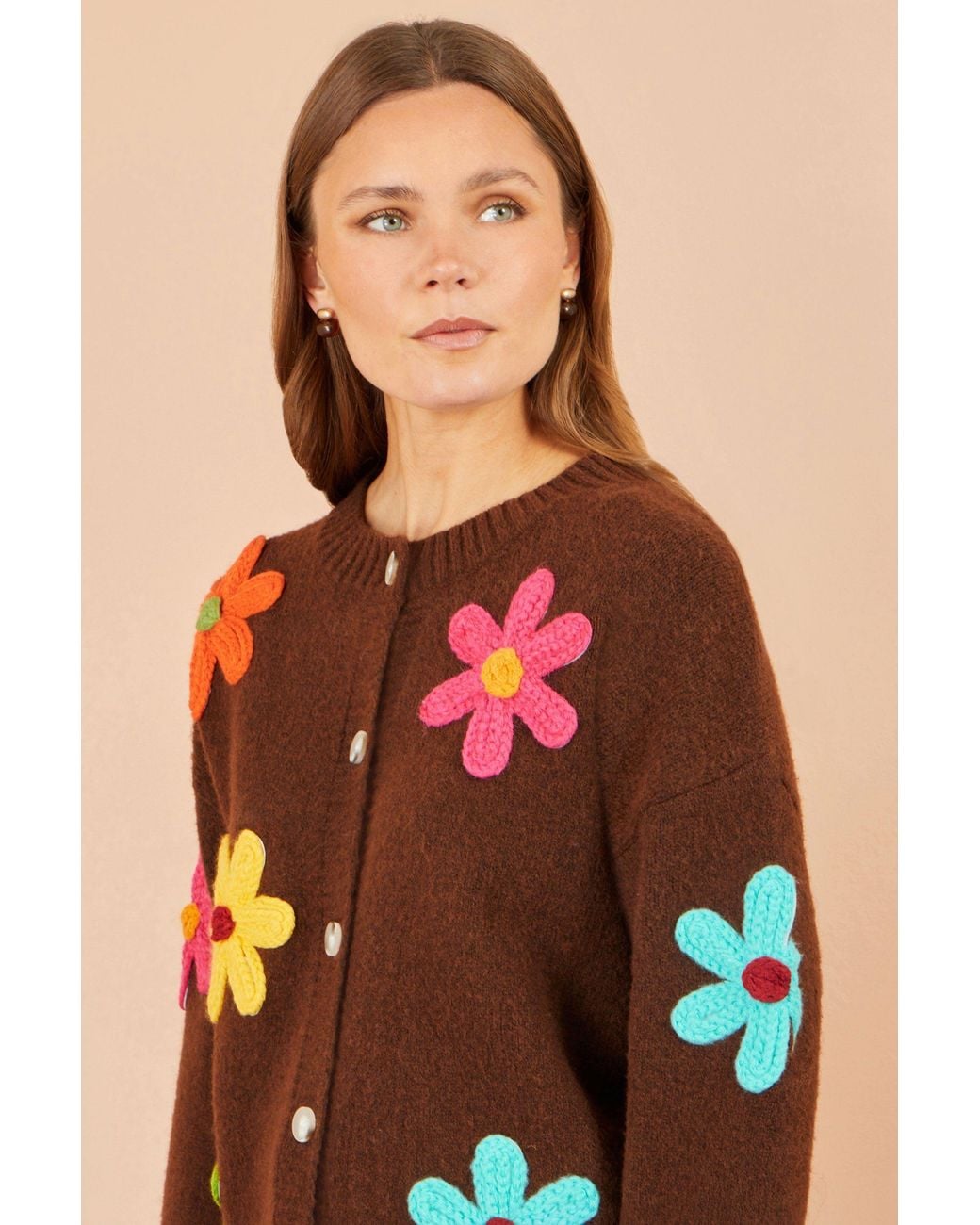 Yumi' Brown Knitted Flower Applique Cardigan