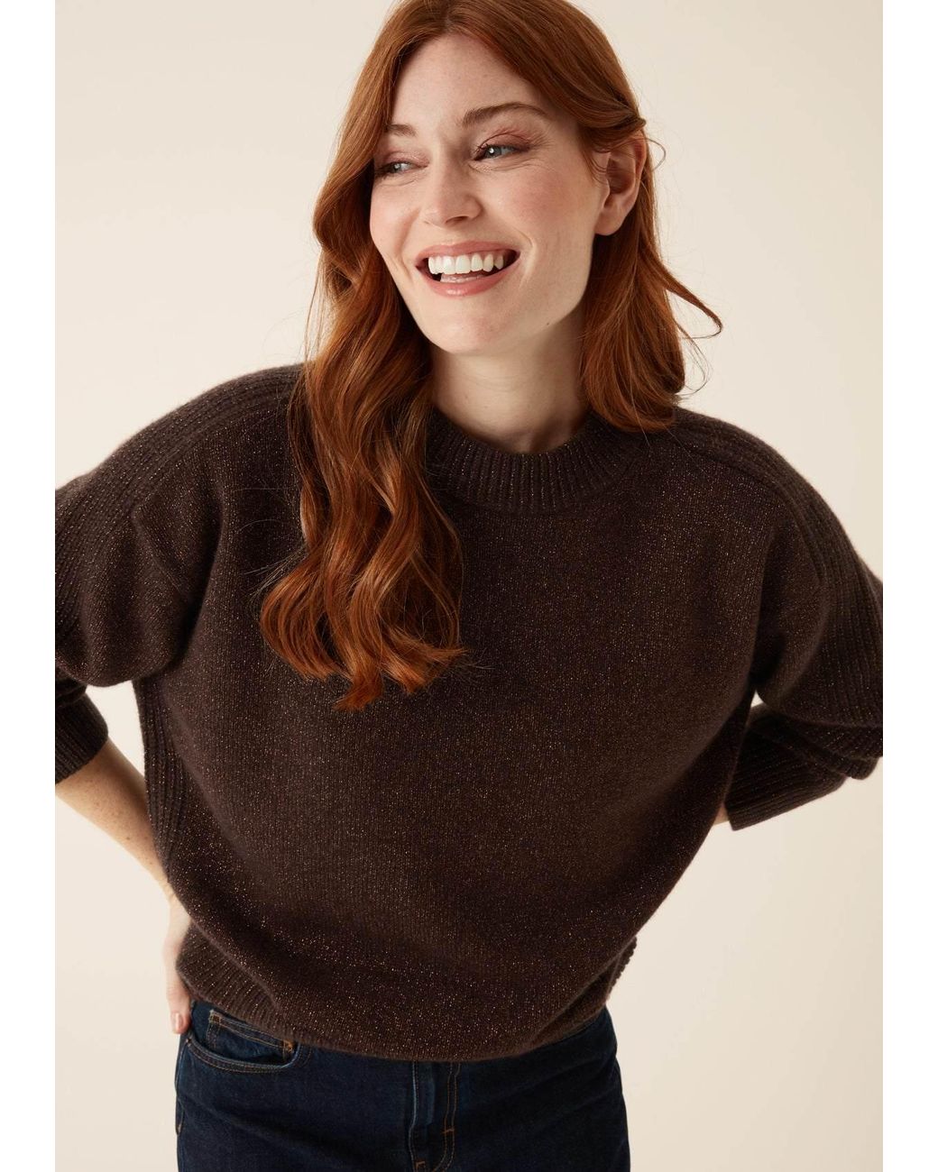 Loop Cashmere Brown Cashmere Longline Crew Neck Sweater