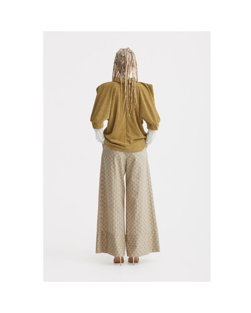 Julia Allert Green Evening Metallic Knit Puff Sleeve Blouse