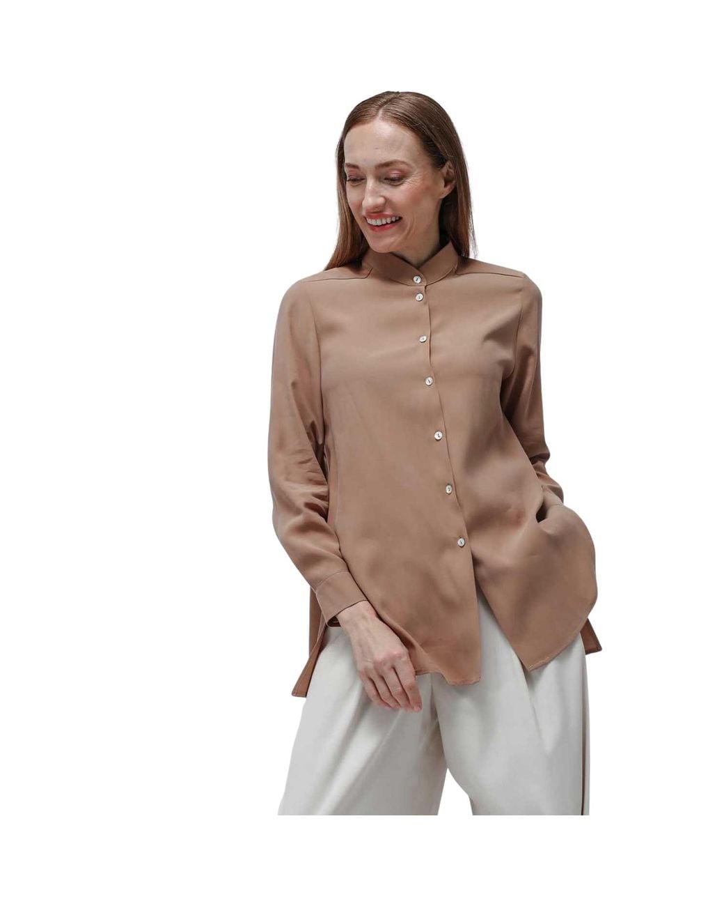 Humans & Land Brown Long Korean Cupro Shirt