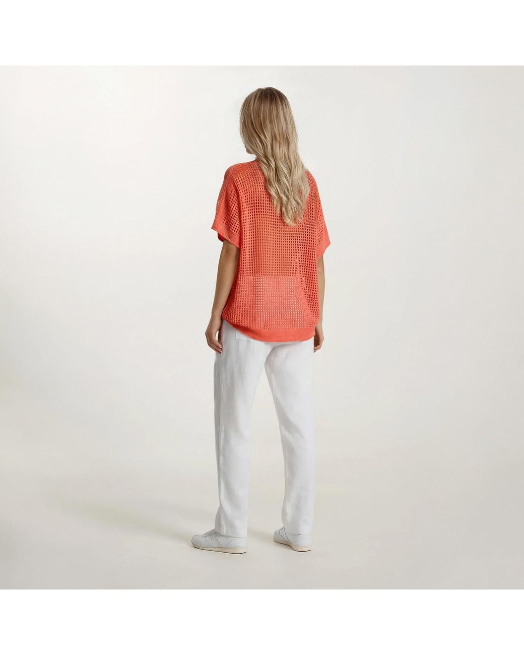 Haris Cotton Orange Knitted Batwing Blouse With Lurex Thread Coral