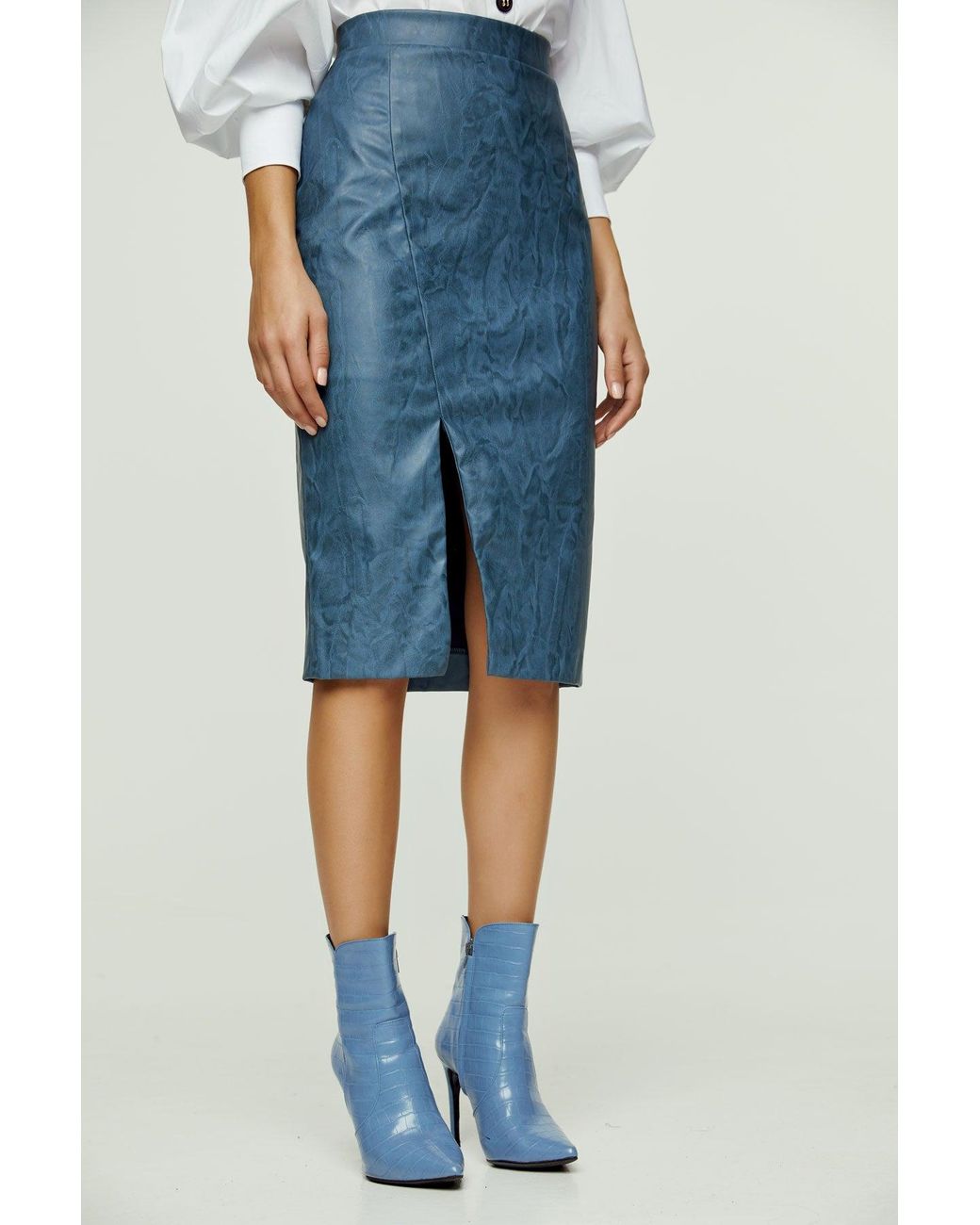 Conquista Blue Faux Leather Pencil Skirt