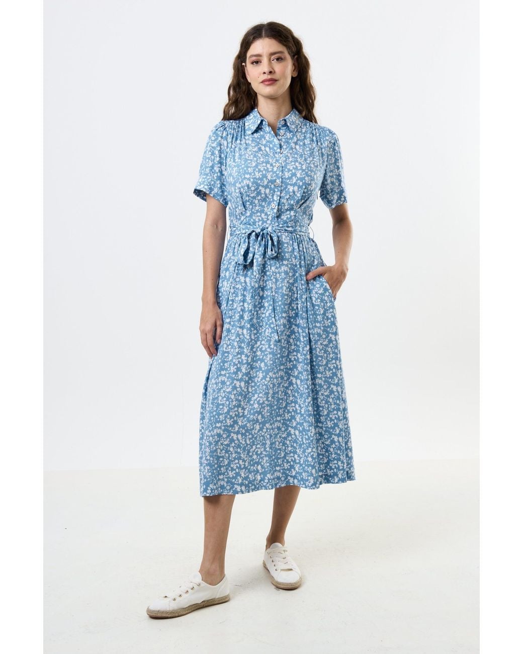 Louche Blue Inesa Negative Floral Print Short Sleeve Midi Shirt Dress
