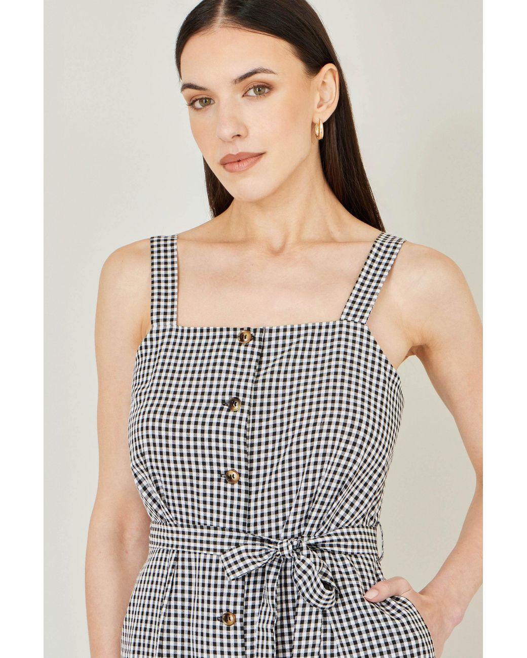 Yumi' Gray Gingham Button Through Jumpsuit