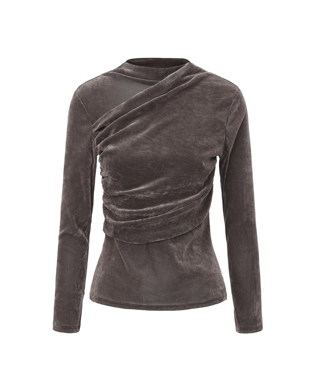 FRONT ROW SHOP Gray Velvet Mesh Asymmetric Draped Top