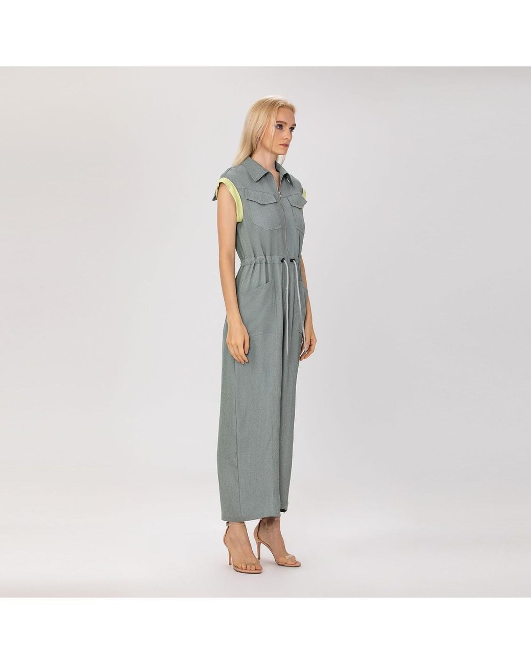 Smart and Joy Gray Sleeveless Shirt Collar Jumpsuit With Belt