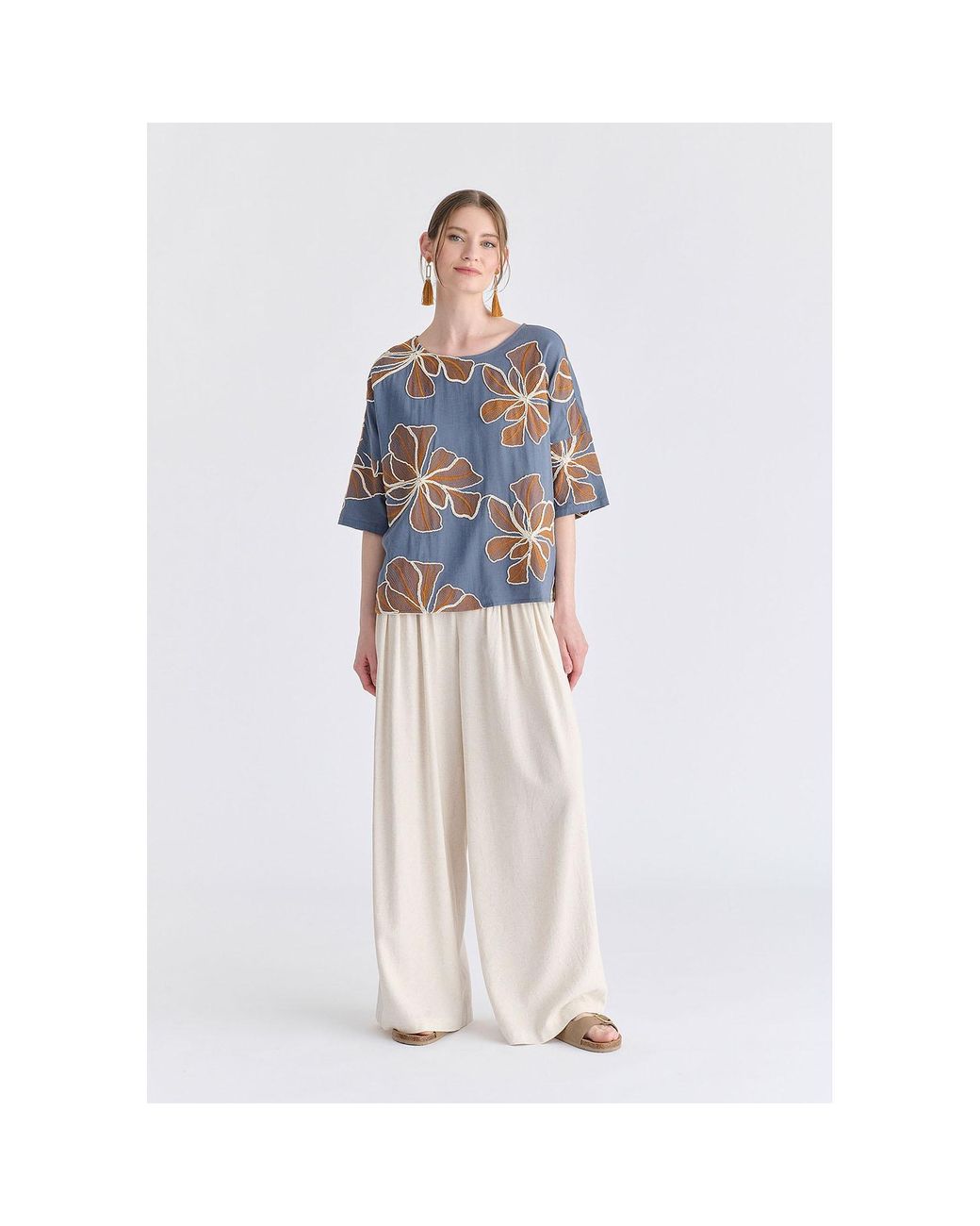 Paisie Blue Floral Embroidered Relax Fit Top