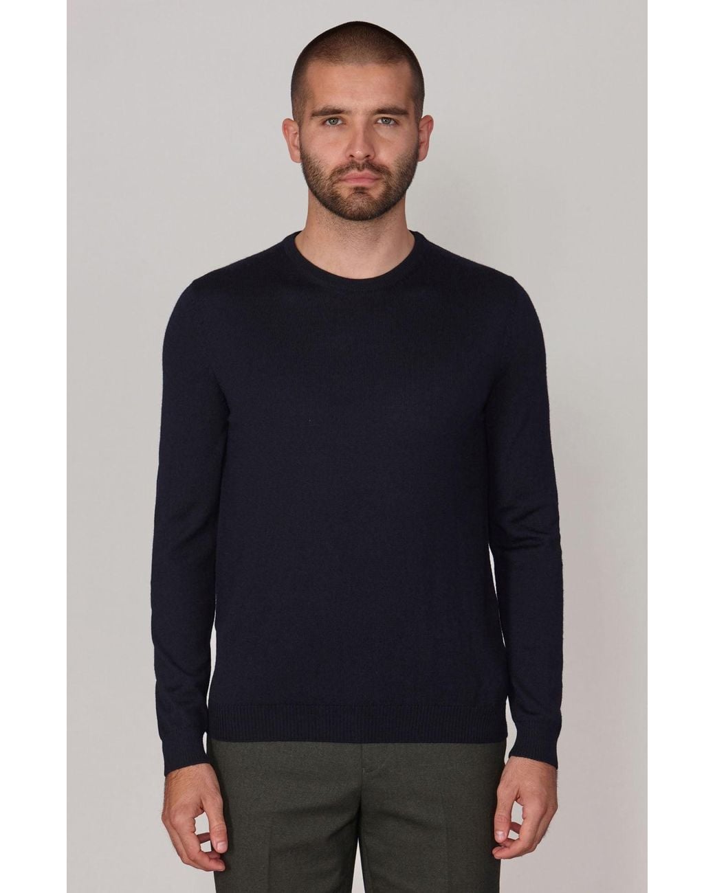 Paul James Knitwear Blue Extra Fine Merino Wool Calington Crew Neck Jumper for men