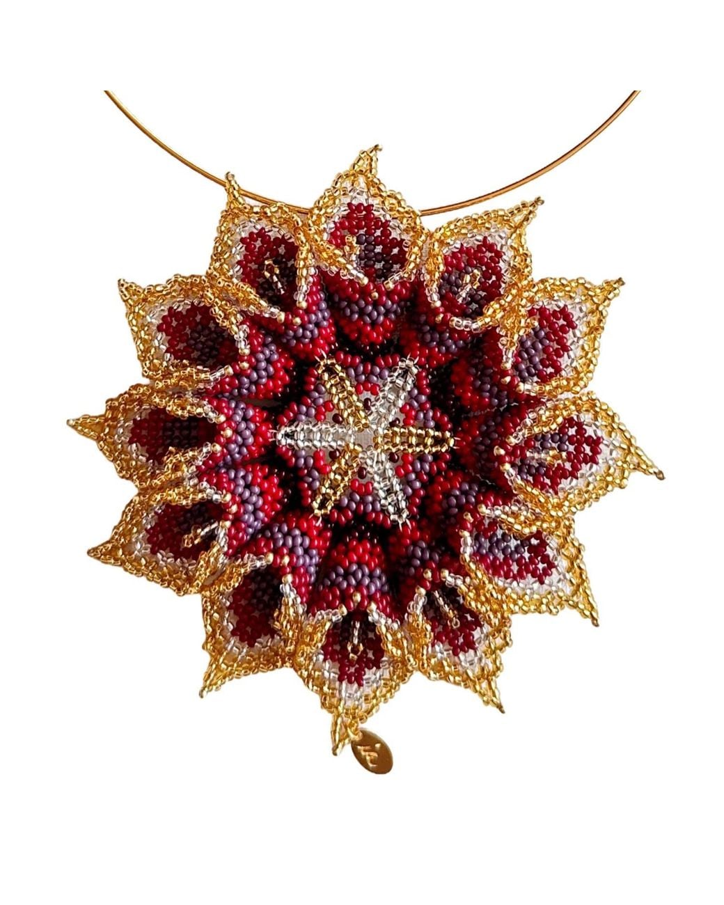 Iliana Arrazola Red Dahlia Flower Choker, Glass Beads, Beaded Jewelry