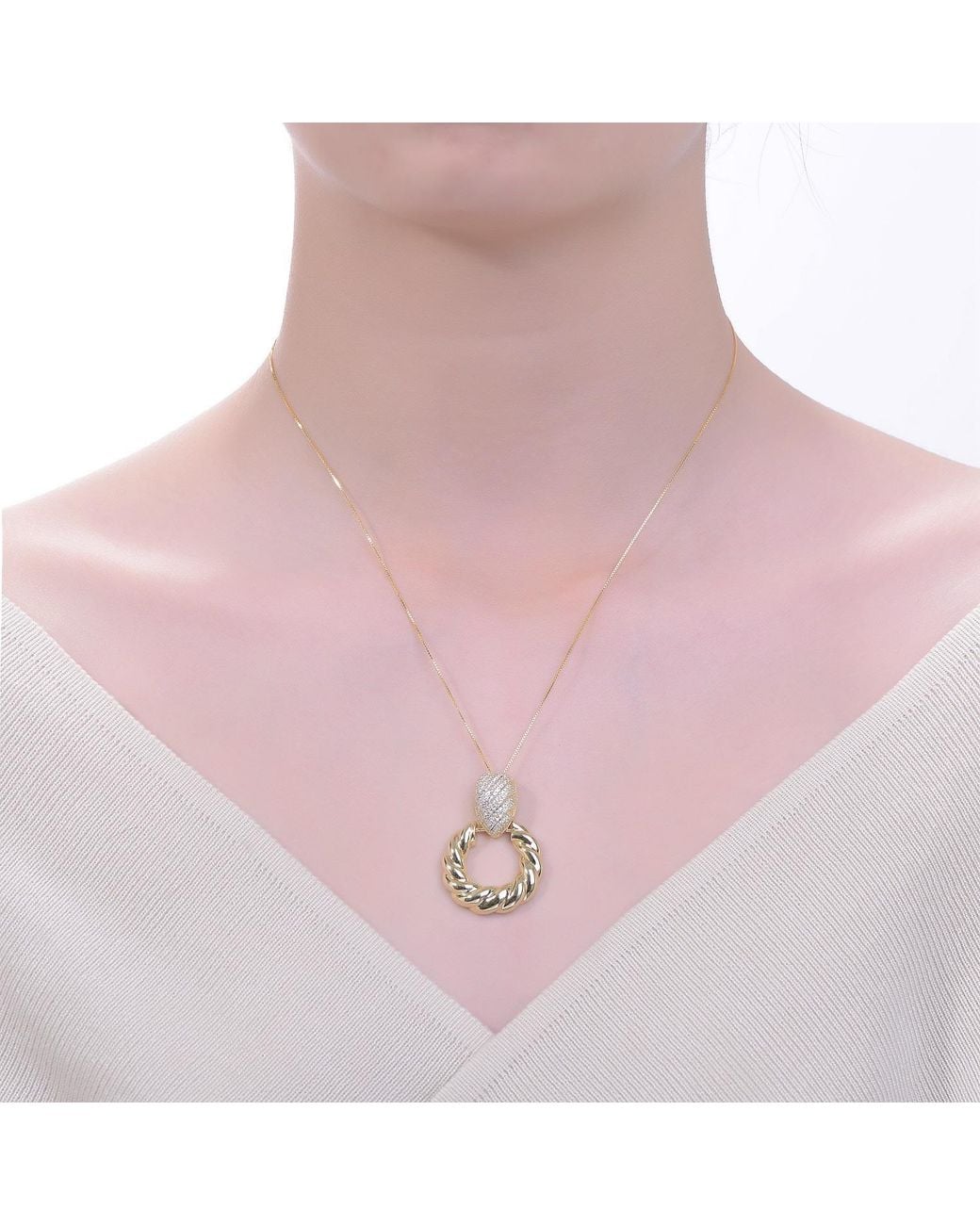 Genevive Jewelry Metallic Rachel Glauber Plated Cubic Zirconia Pave Twisted Rope Drop Hoop Door Knocker Pendant Necklace