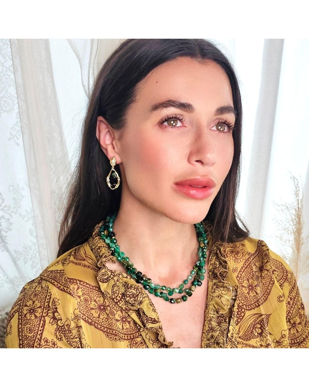 Farra Metallic Elegant Epidote And Agate Drop Earrings