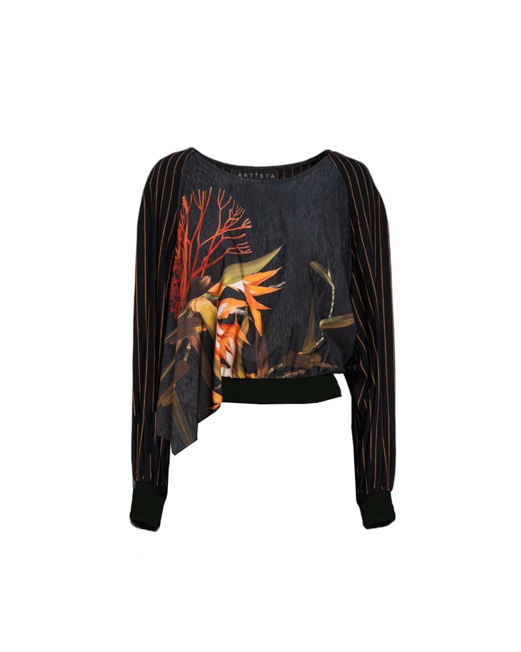 ARTISTA Black Asymmetric Floral Print Elastic Waist Blouse