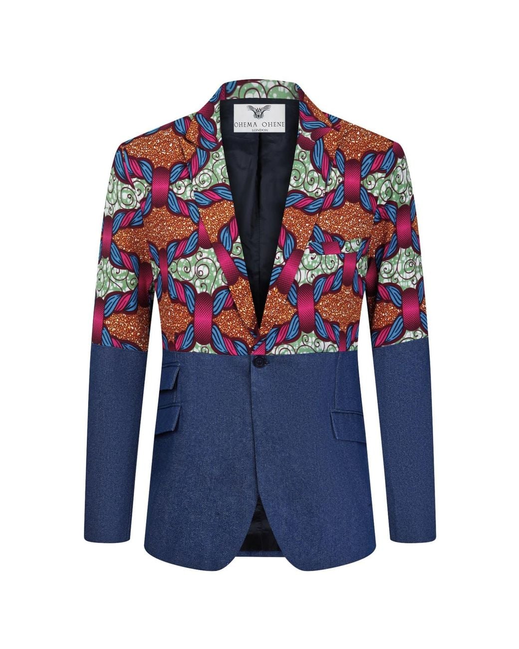 Ohema Ohene Blue Denim & African Print Cotton Blazer – Split Panel for men