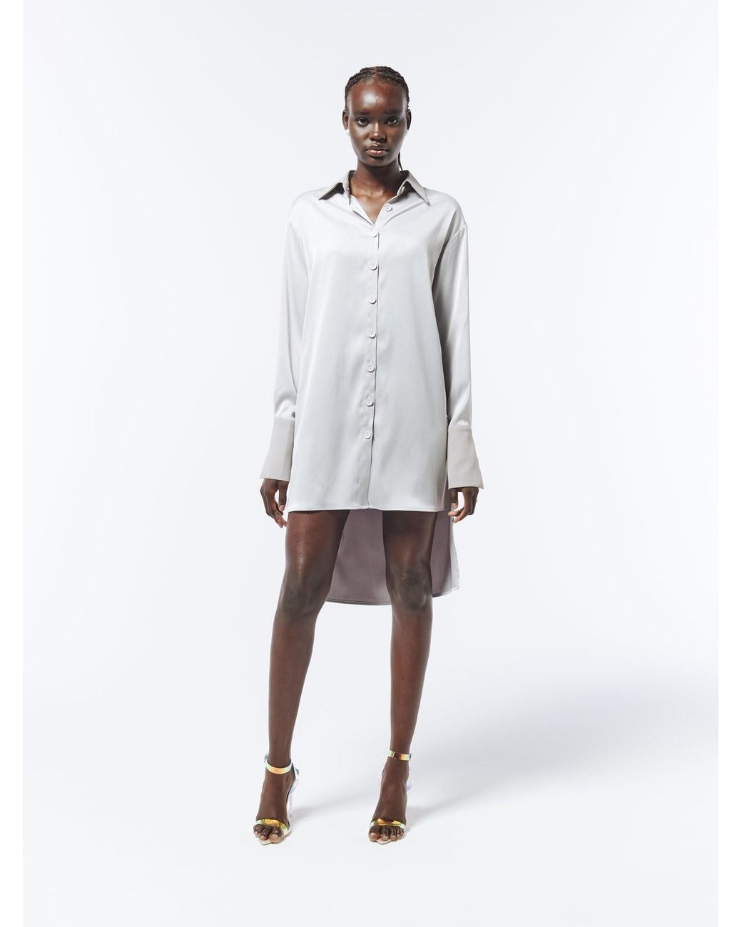 Sour Figs White Oversized Asymmetric High Low Satin Shirt Dress