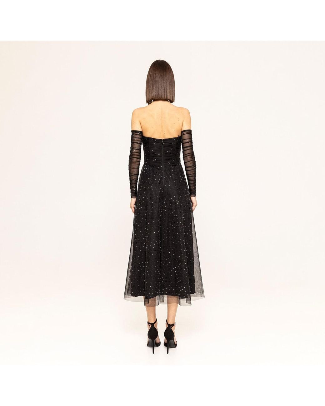 Nissa Black Rhinestone-Embellished Tulle Midi Dress