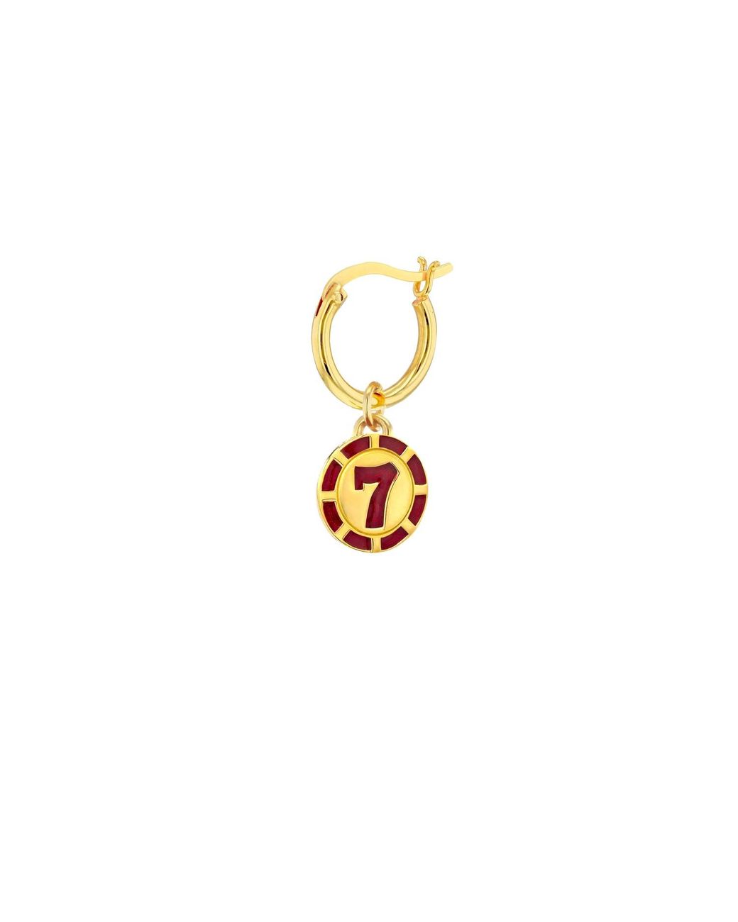 True Rocks Metallic Red Enamel & 18kt Gold Plated Mini No.7 Vegas Chip Charm On Gold Hoop for men