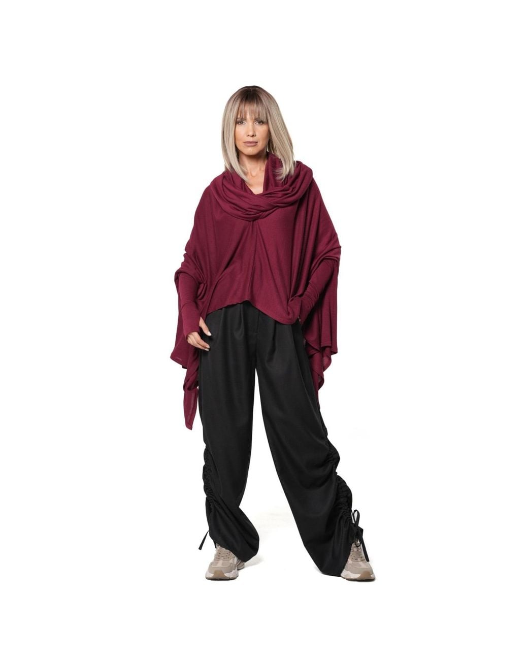 Metamorph Red Extravagant Cotton Tunic With Scarf Collar