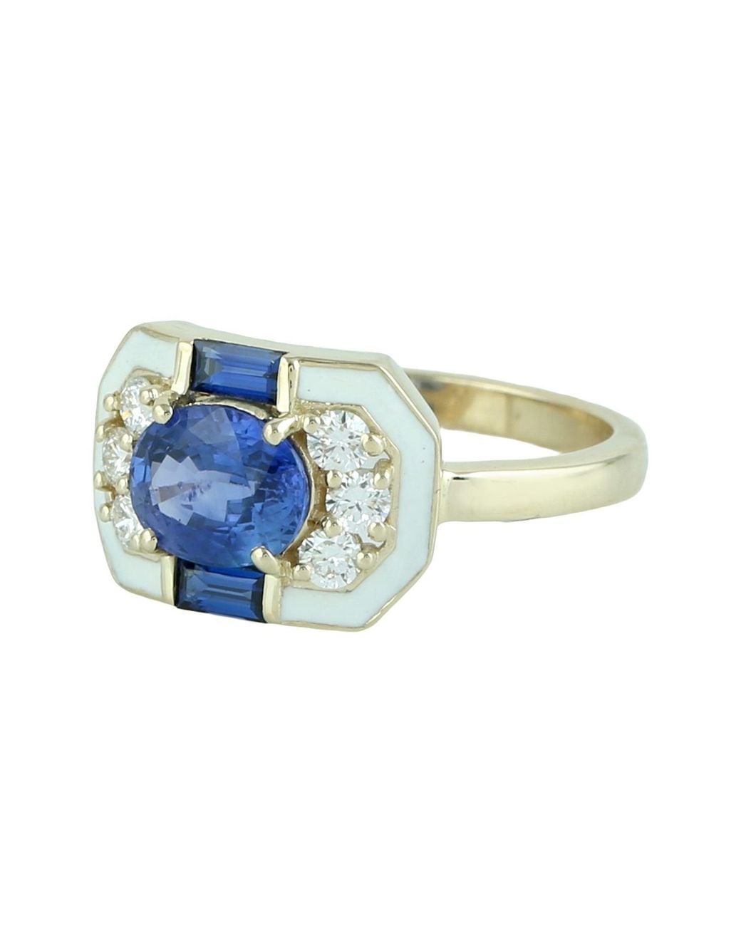 Artisan Blue 14K Sapphire, Diamond & Enamel Art Deco Ring