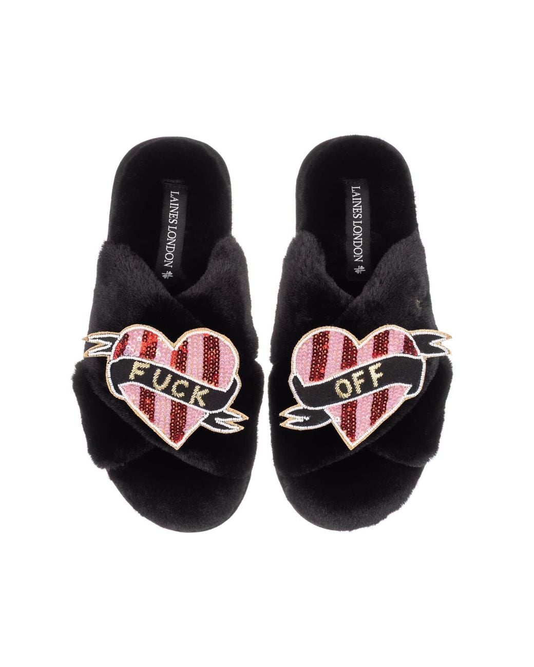 Laines London Black Classic Laines Slippers With & Stripe Heart Fuck Off Brooches