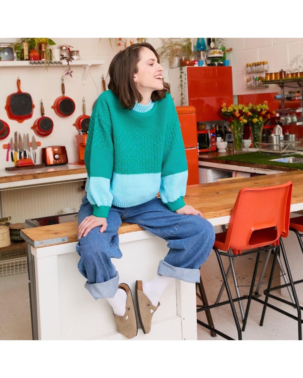 Cara & The Sky Green Taz Colour Block Balloon Sleeve Jumper