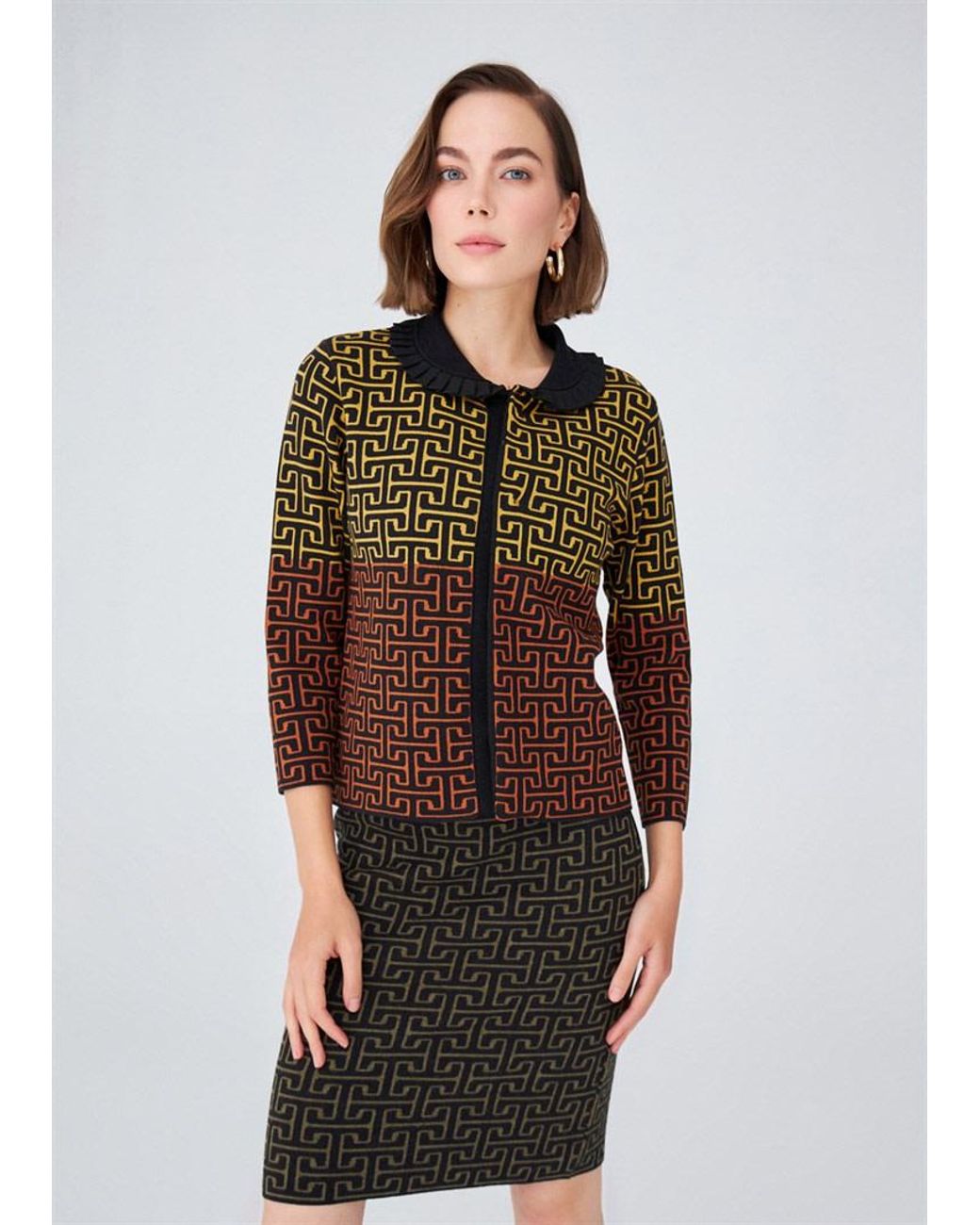 Peraluna Brown 3/4 Sleeve Geometric Jacquard Patterned Knitwear Jacket