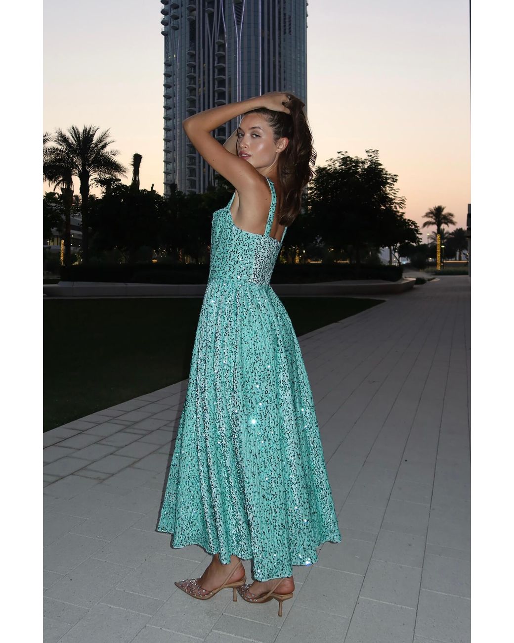 POST MERIDIEM Blue Menthol Tuck Corset Top Midi Dress