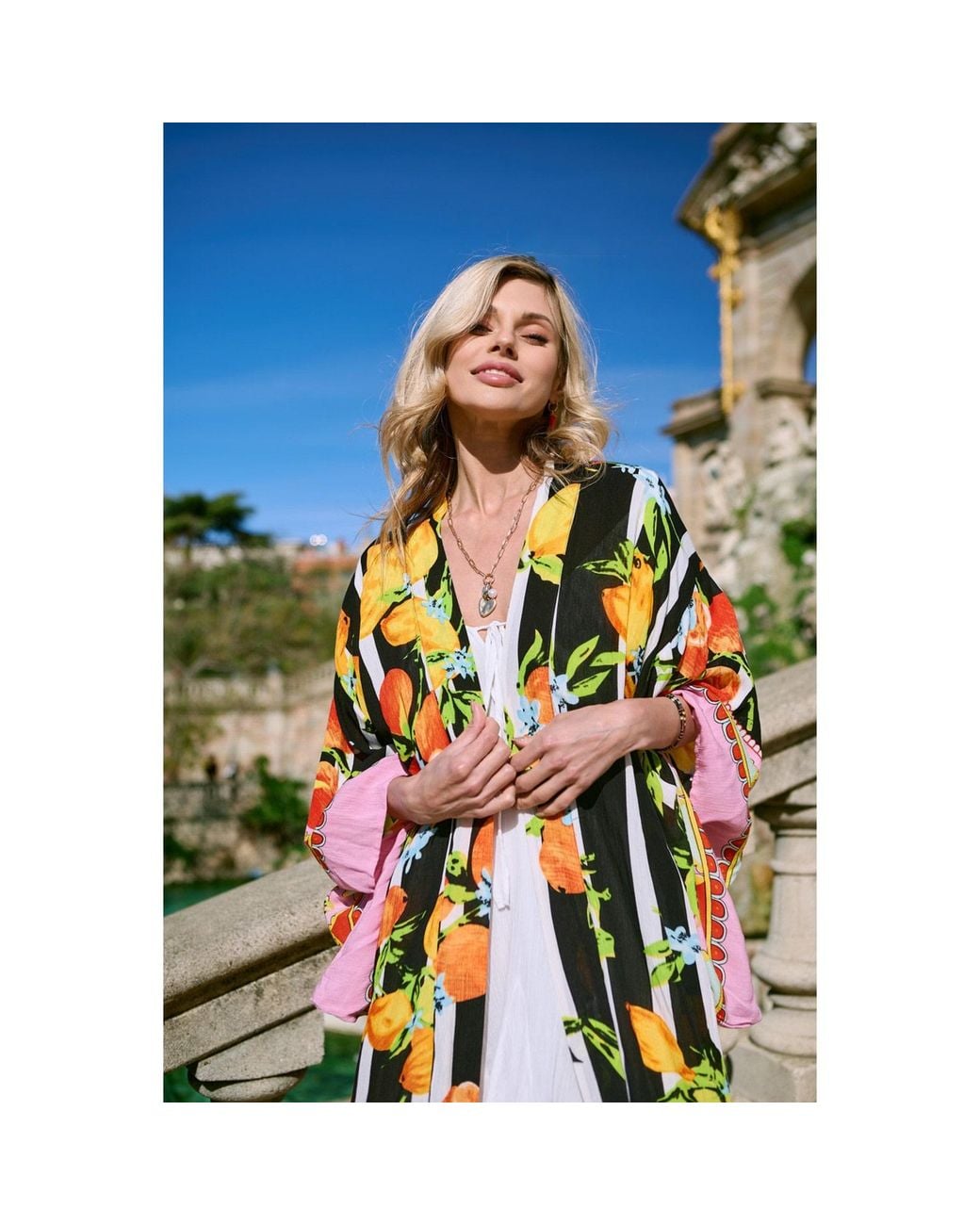 Saachi Yellow Citrus Print Kimono Long