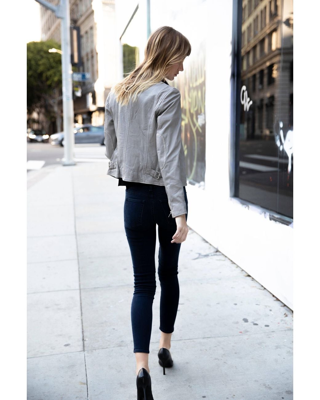 Mauritius Gray Moto Leather Jacket Sofia