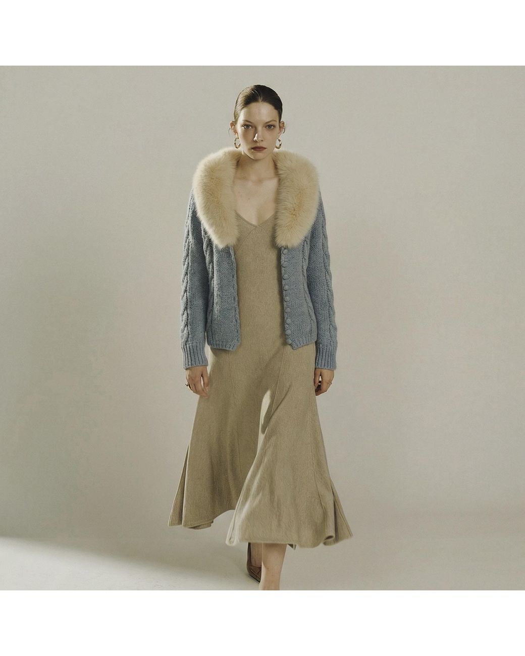 Belsize25 Blue Cashmere-Blend Faux Fur Collar Cable-Knit Cardigan