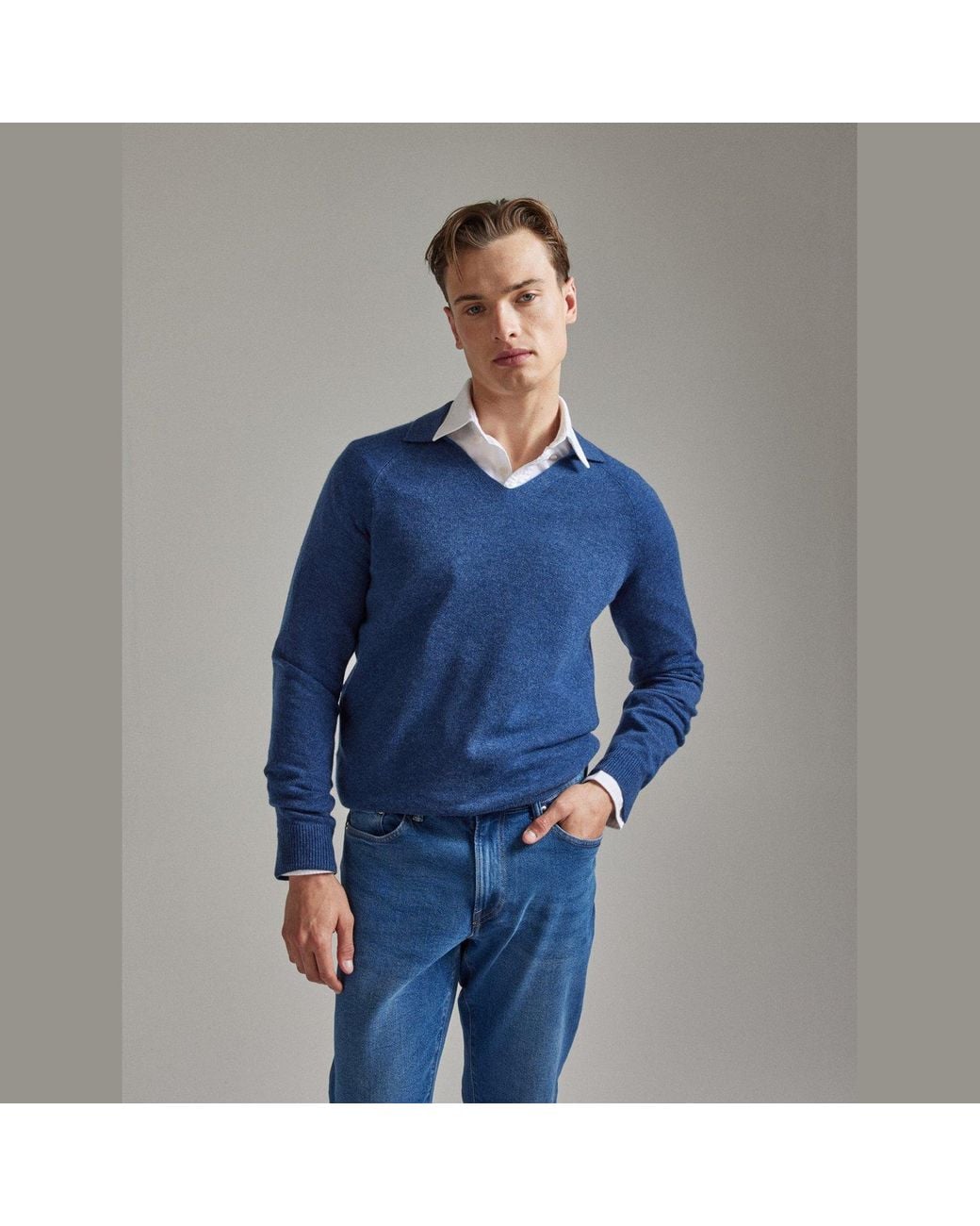 Salts Cashmere Blue Split Neck Polo Sweater