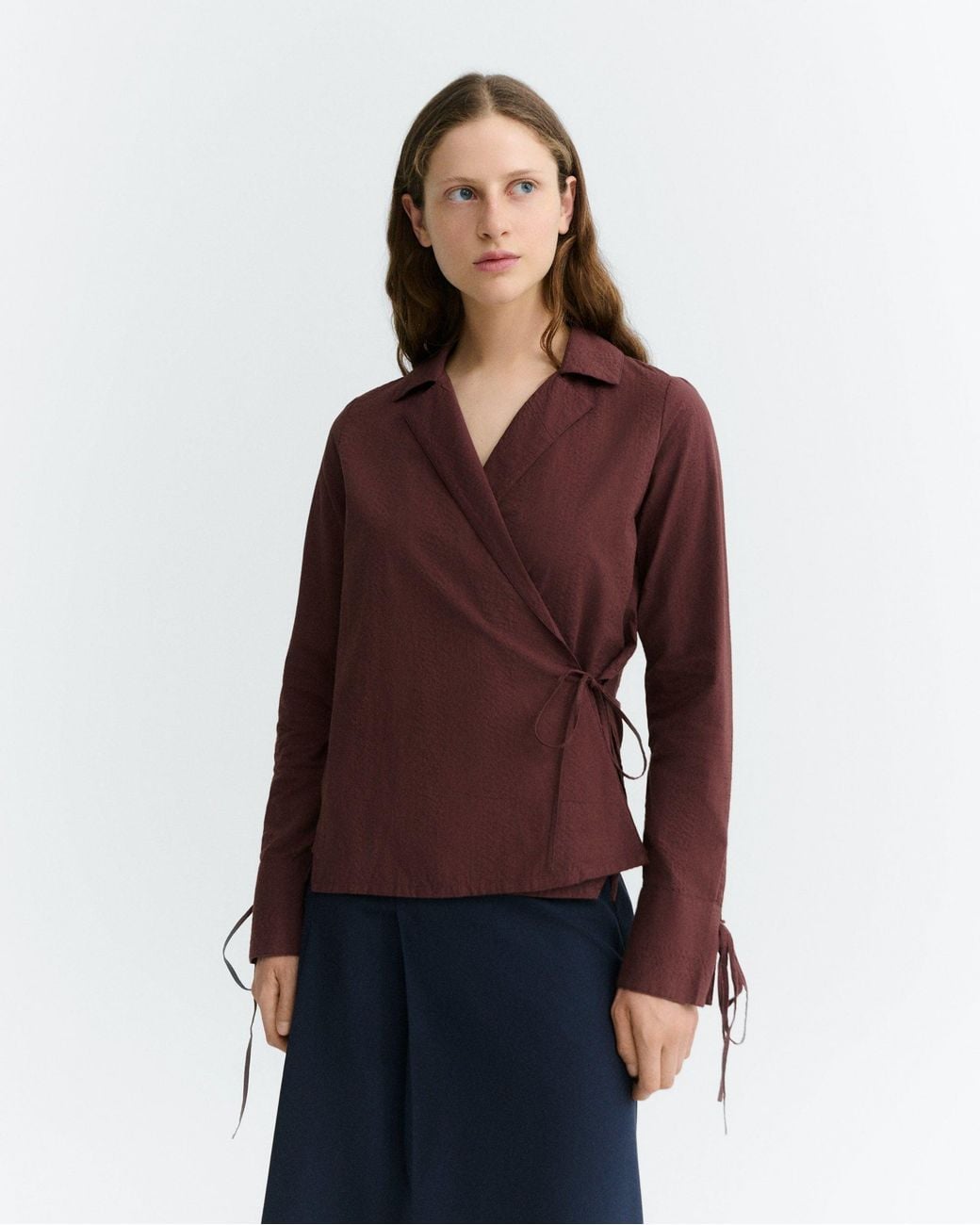 Thinking Mu Brown Wrapped Wine Seersucker Lenie Blouse