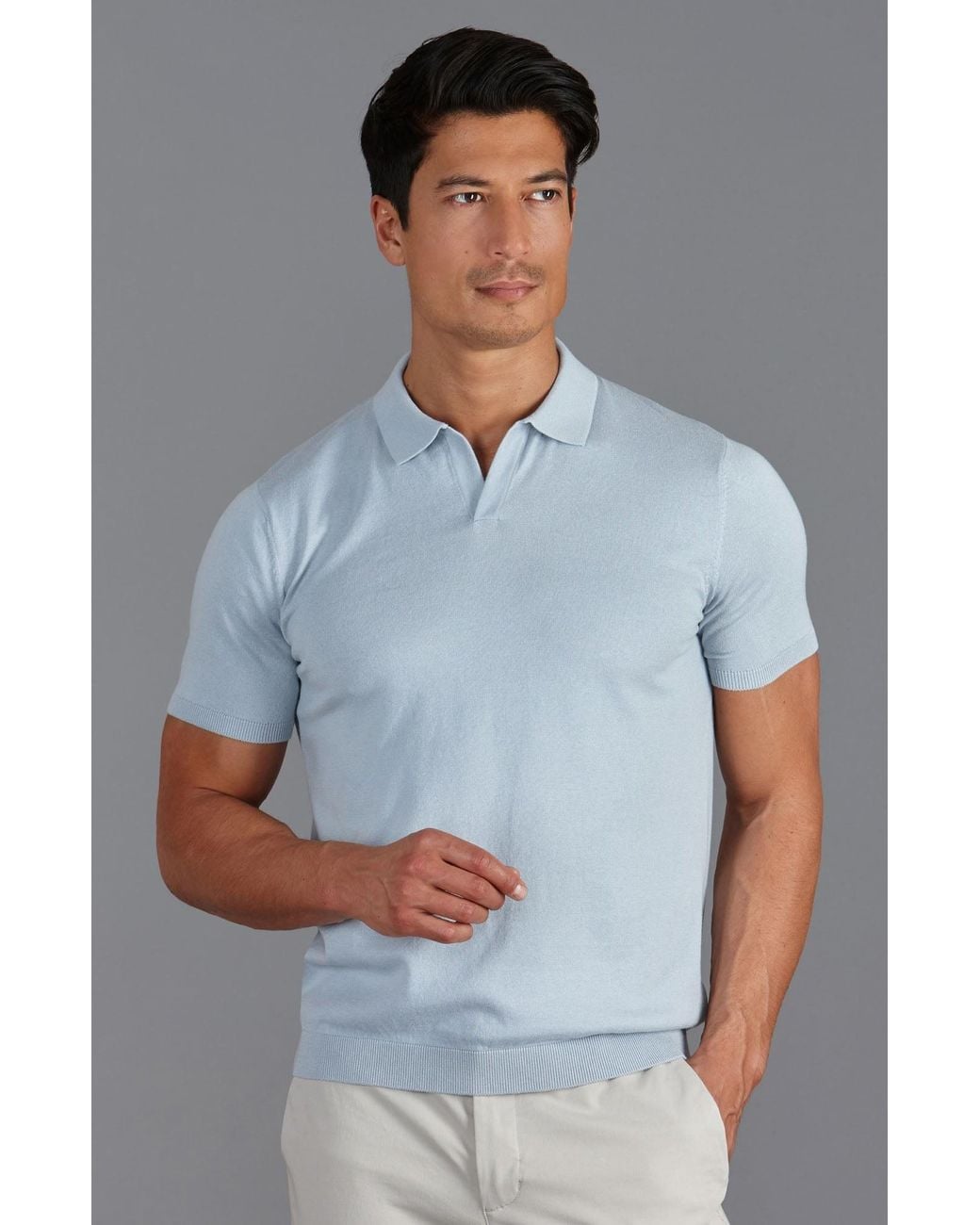 Paul James Knitwear Blue Ultra Fine Cotton Nathan Buttonless Polo Shirt for men
