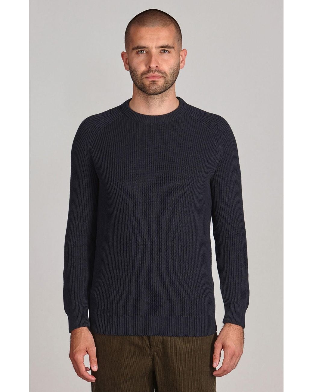 Paul James Knitwear Blue Midweight Cotton Logan Ribbed Crew Neck Jumper for men