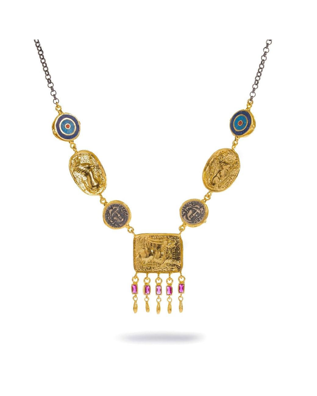 Ebru Jewelry Metallic Amulet Gathering Evil Eye & Ruby Fringe Two Tone Necklace