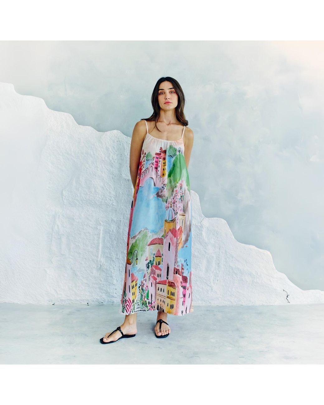 DHARA SHETH DUBAI White La Riviera Printed Spaghetti Strap Maxi Dress