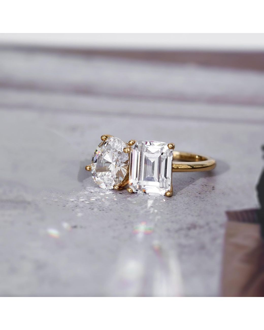 Diamonbliss Metallic Oval & Emerald Cut Two Stones Cocktail Ring