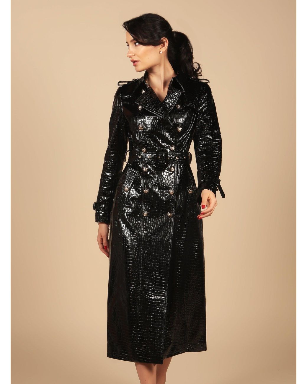 Santinni Black Indiscreet Embossed Leather Trench Coat