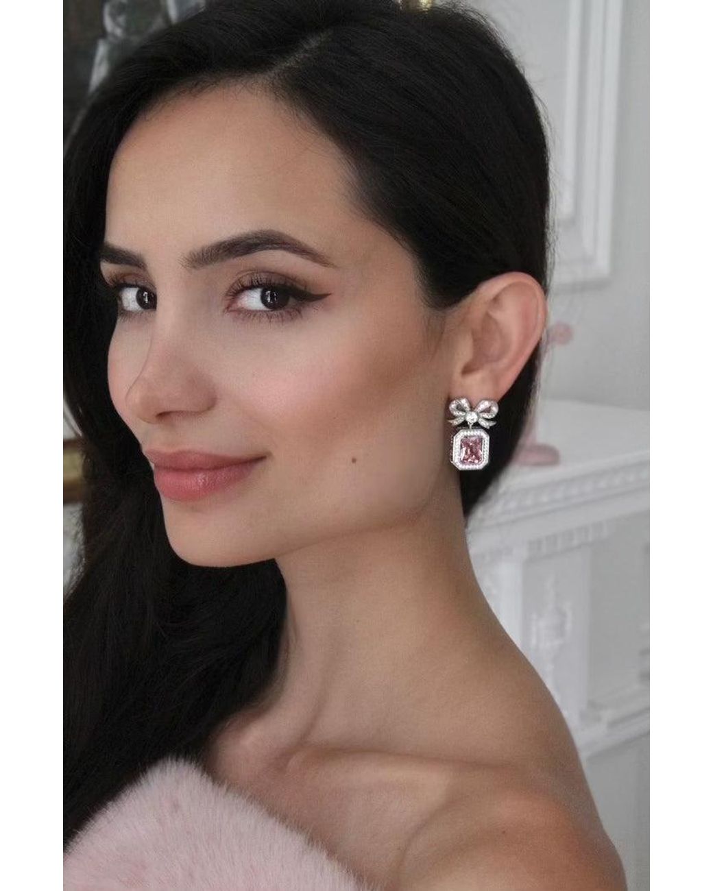 Santinni Pink Empress Bow & Radian Cut Crystal Earrings
