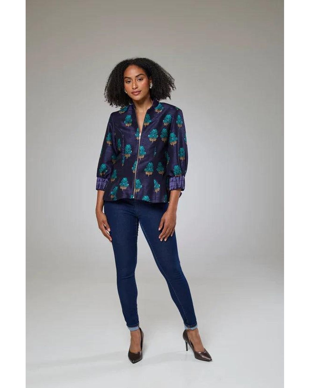 Lioness by Tf Blue Aquamarine Embroidered Raw Silk Fitted Jacket Blouse