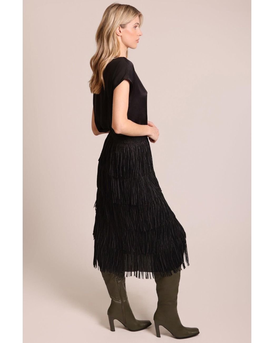 Traffic People Black Anything Goes Fringed Tiered Gloria Midi Skirt