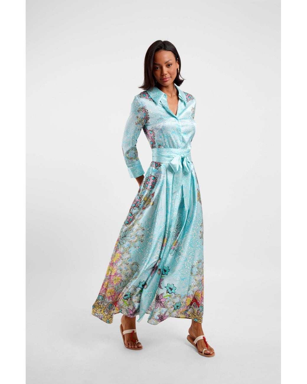 Jessica Russell Flint Blue Belted Maxi Shirt Dress Floral Medley