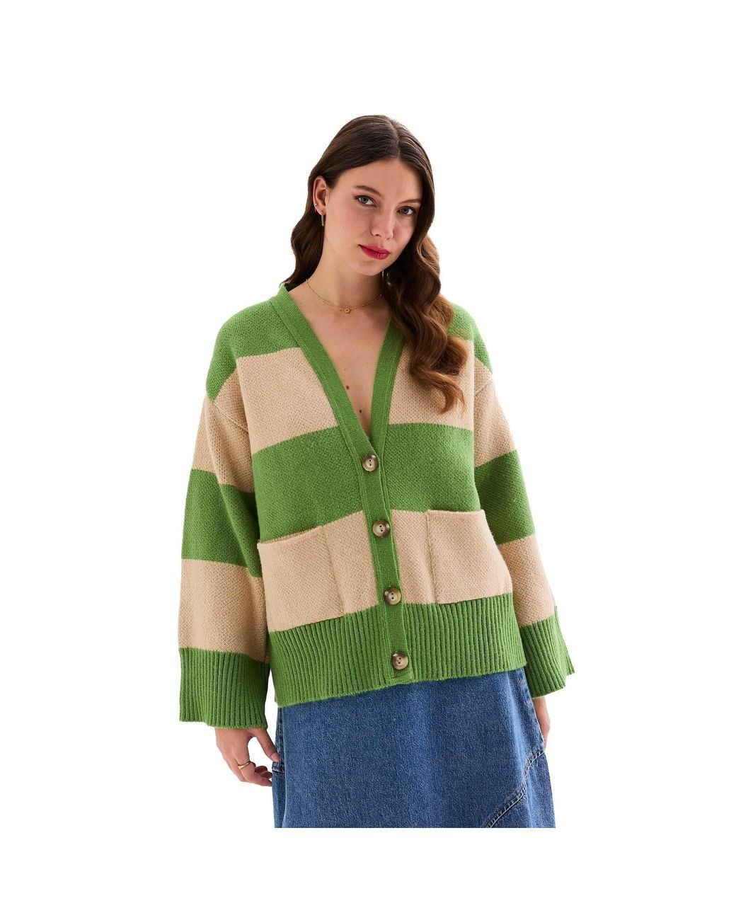 Cara & The Sky Green Candice Chunky Stripe V Neck Button Cardigan