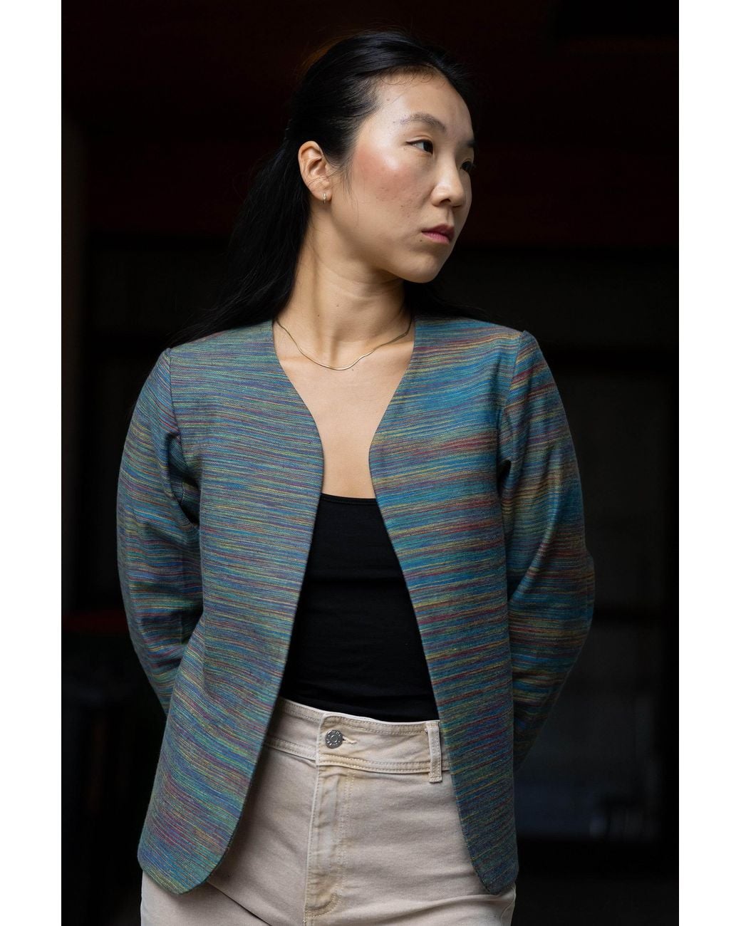 Stovaria Blue Peacock Cotton Denim Statement Jacket