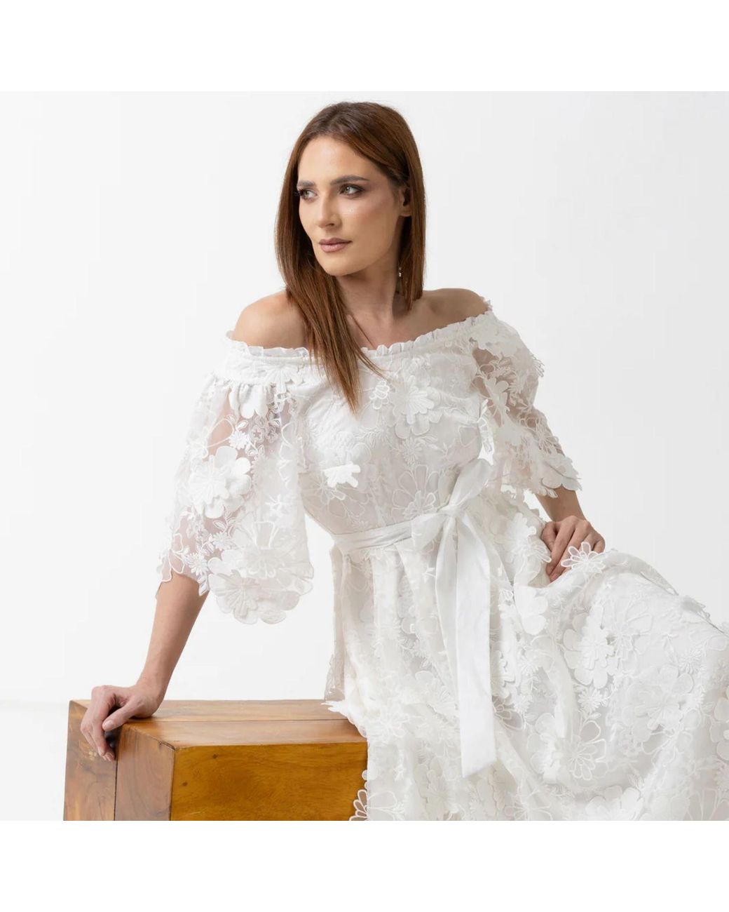 IZABELA MANDOIU Natural Midi Dress With Off-Shoulder And Floral Appliqués