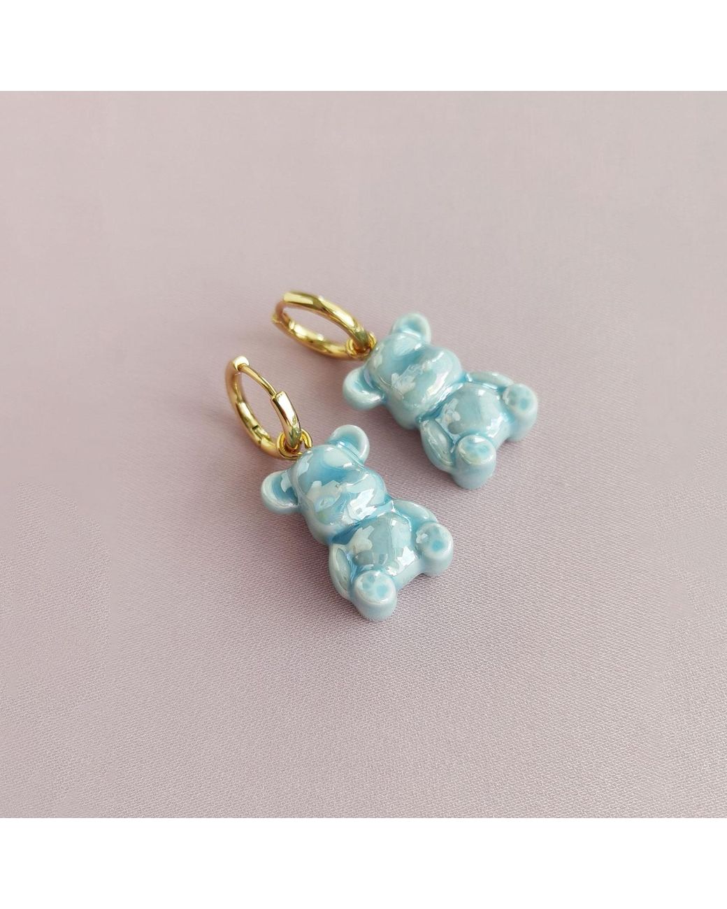 POPORCELAIN Blue Baby Porcelain Teddy Bear Clip On Earrings