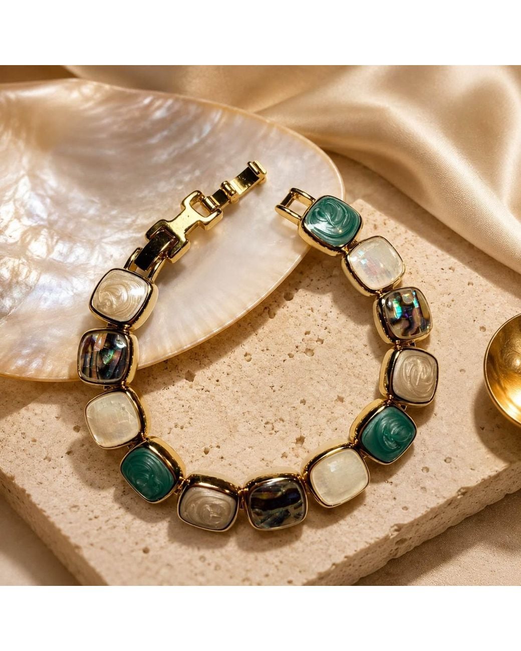 By Ozge Green Aegean Mosaic Mother Of Pearl & Abalone Plated Bracelet
