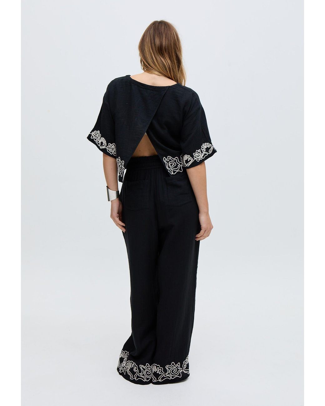 Raffya Black Milly Embroidered Split Open Back Blouse