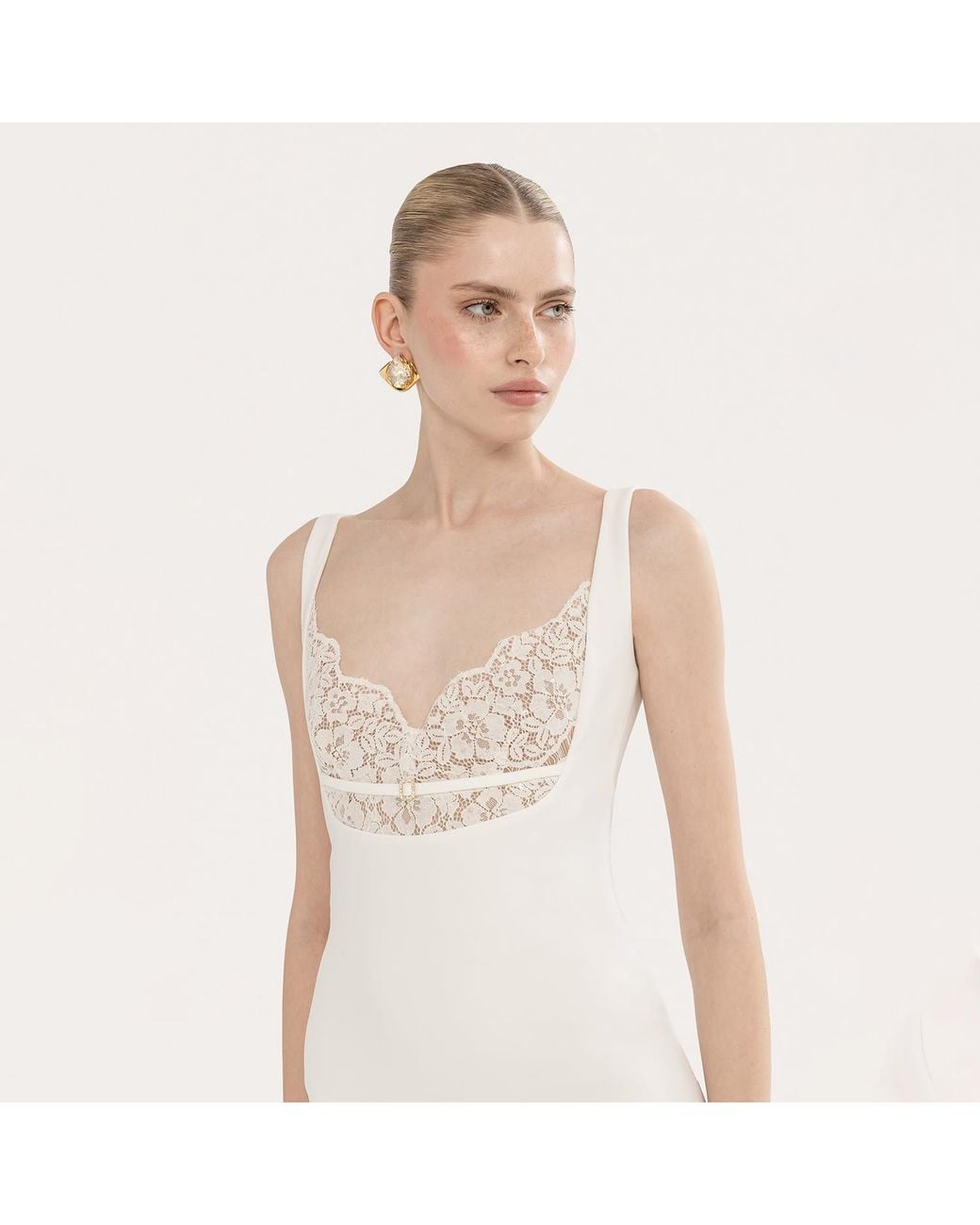 Nissa White Lace-Detail Crepe Midi Dress
